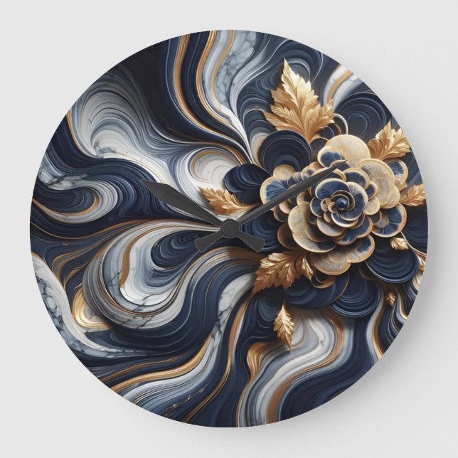 Navy Blue and Gold Marble Painting Abstract Large Clock (Front)