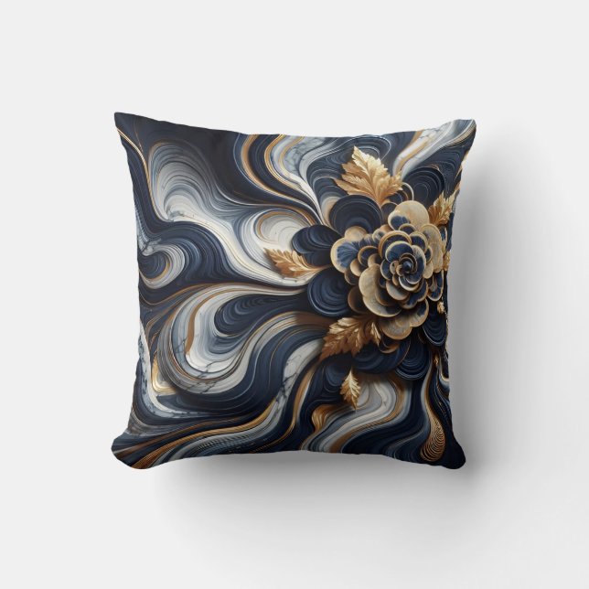 Navy Blue and Gold Marble Painting Abstract Throw Pillow (Front)