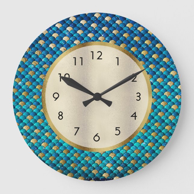 Navy Blue and Gold Mermaid Scales Large Clock (Front)
