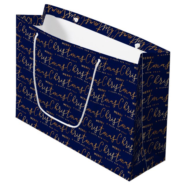Navy Blue and Gold Merry Christmas Word Art Large Gift Bag (Front Angled)