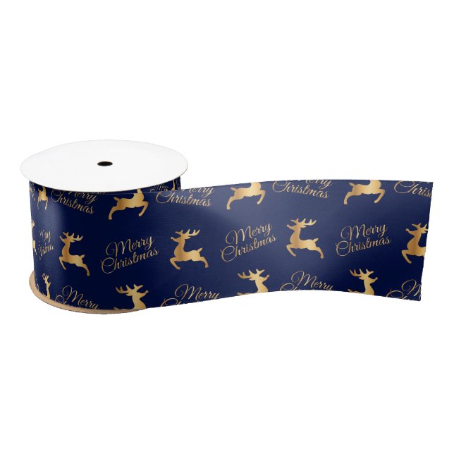 Navy Blue and Gold Merry Christmas Word Art Satin Ribbon (Spool)