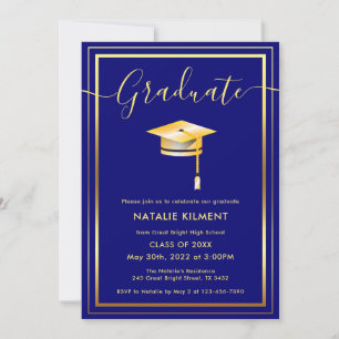 Navy Blue and Gold Modern Graduate Cap Graduation Invitation