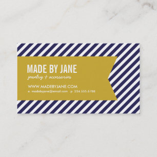 Navy Blue and Gold Modern Stripes and Ribbon Business Card
