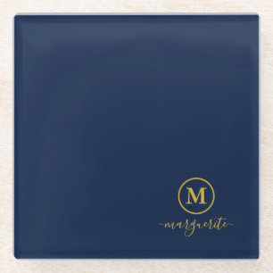 Navy Blue and Gold Monogram Glass Coaster