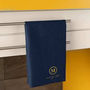 Navy Blue and Gold Monogram Kitchen Towel