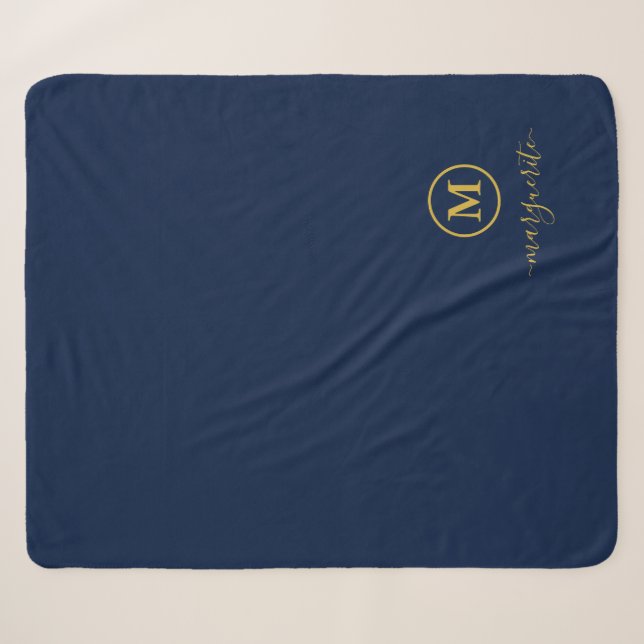 Navy Blue and Gold Monogram Sherpa Blanket (Front (Horizontal))