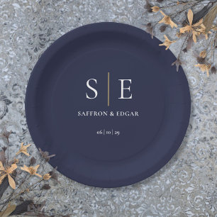 Navy Blue And Gold Monogram Wedding Paper Plate