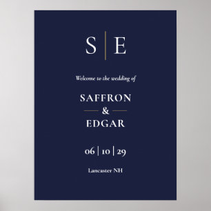 Navy Blue And Gold Monogram Wedding Welcome Sign