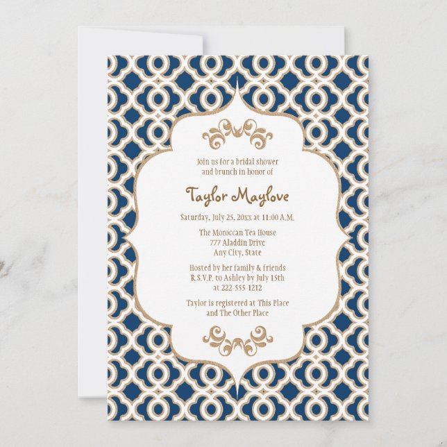 Navy Blue and Gold Moroccan Bridal Shower Invites (Front)