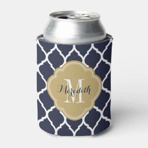 Navy Blue and Gold Moroccan Quatrefoil Monogram Can Cooler