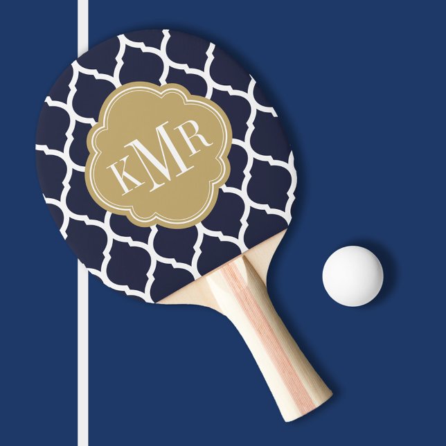 Navy Blue and Gold Moroccan Quatrefoil Monogram Ping Pong Paddle (Creator Uploaded)
