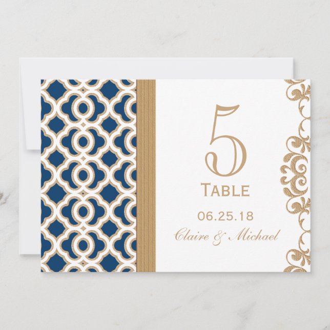 Navy Blue and Gold Moroccan Wedding Table Number (Front)