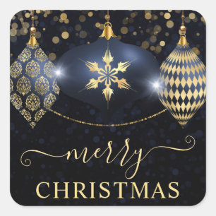 Navy Blue and Gold Ornaments Baubles Christmas Square Sticker