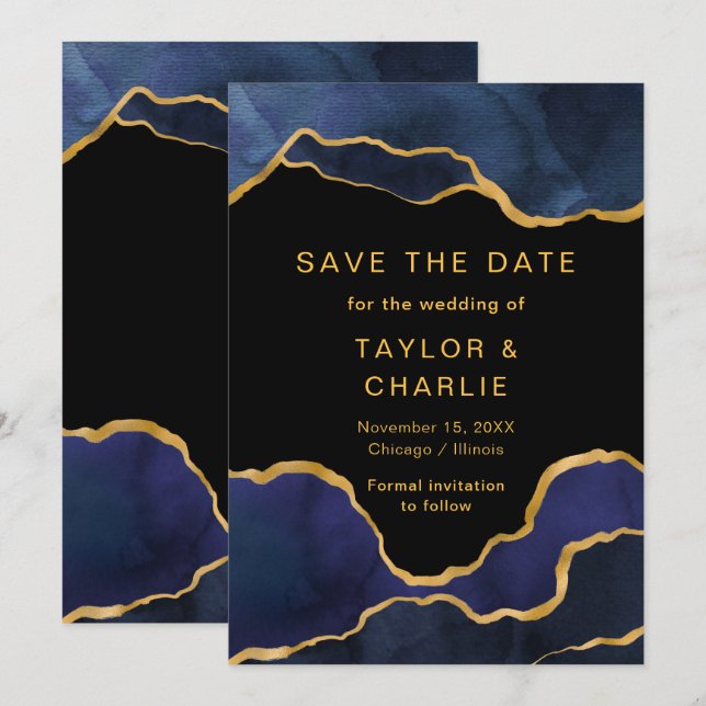 Navy Blue and Gold Painted Agate Save the Date (Front/Back)