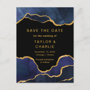 Navy Blue and Gold Painted Agate Save the Date Pos Postcard
