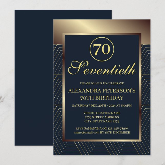 Navy Blue And Gold Patterned Border Birthday Invitation (Front/Back)