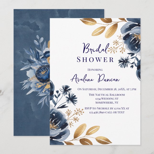 Navy Blue and Gold Peony Bridal Shower Invitation (Front/Back)