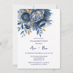 Navy Blue and Gold Peony Flower Engagement Party Invitation