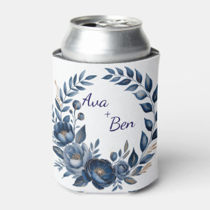 Navy Blue and Gold Peony Flower Wedding Can Cooler