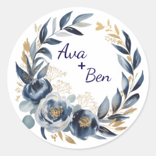 Navy Blue and Gold Peony Flower Wedding Classic Round Sticker