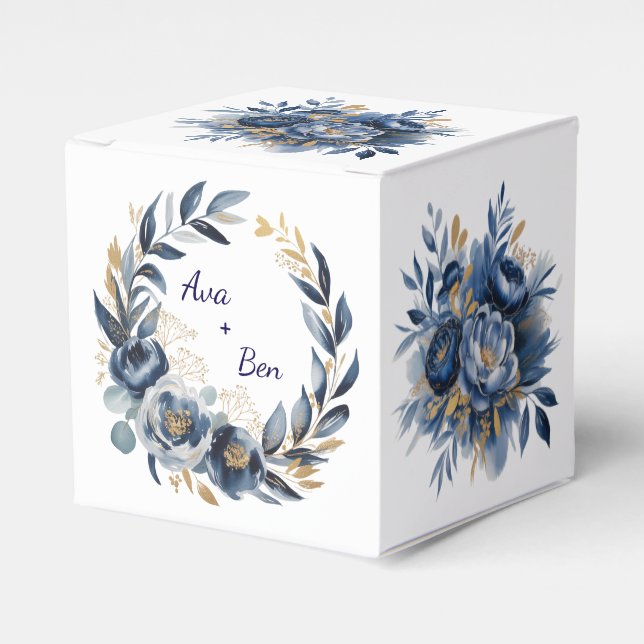 Navy Blue and Gold Peony Flower Wedding Favor Box (Front Side)