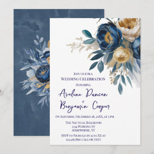 Navy Blue and Gold Peony Wedding Celebration  Invitation