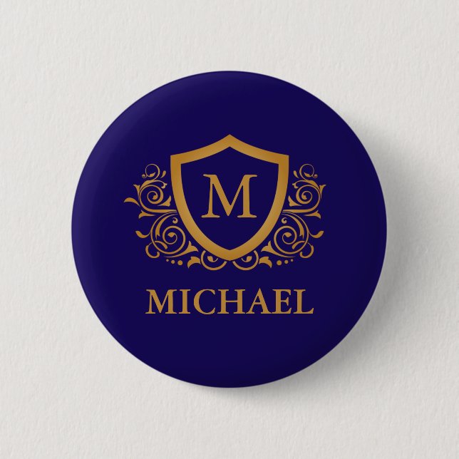 Navy Blue and Gold Personalized Monogram Name 2 Inch Round Button (Front)
