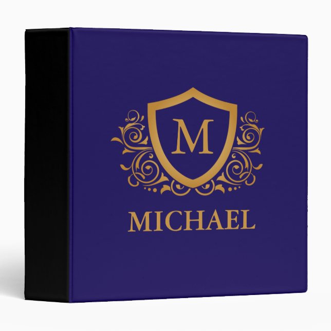 Navy Blue and Gold Personalized Monogram Name Binder (Front/Spine)