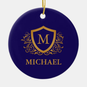 Navy Blue and Gold Personalized Monogram Name Ceramic Ornament