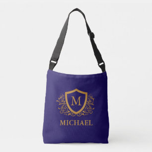 Navy Blue and Gold Personalized Monogram Name Crossbody Bag