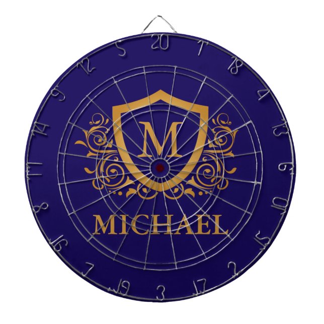 Navy Blue and Gold Personalized Monogram Name Dartboard (Front)