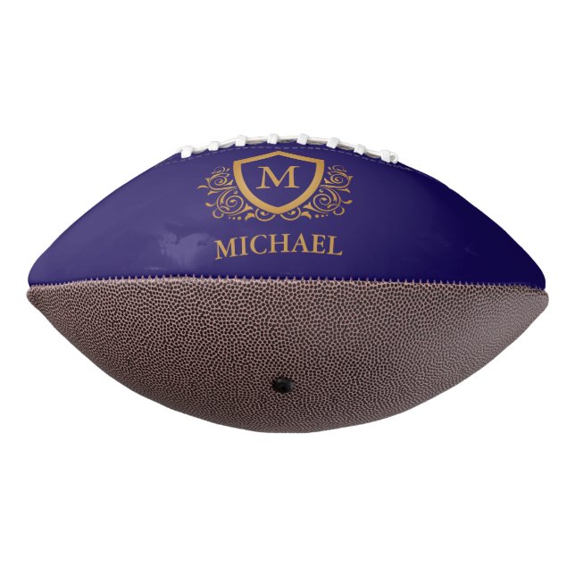 Navy Blue and Gold Personalized Monogram Name Football (Rotated 270)