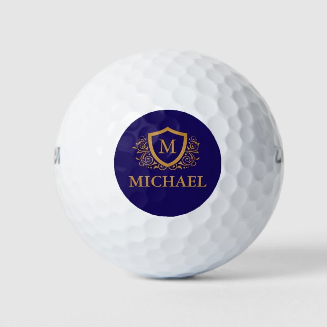 Navy Blue and Gold Personalized Monogram Name Golf Balls (Front)