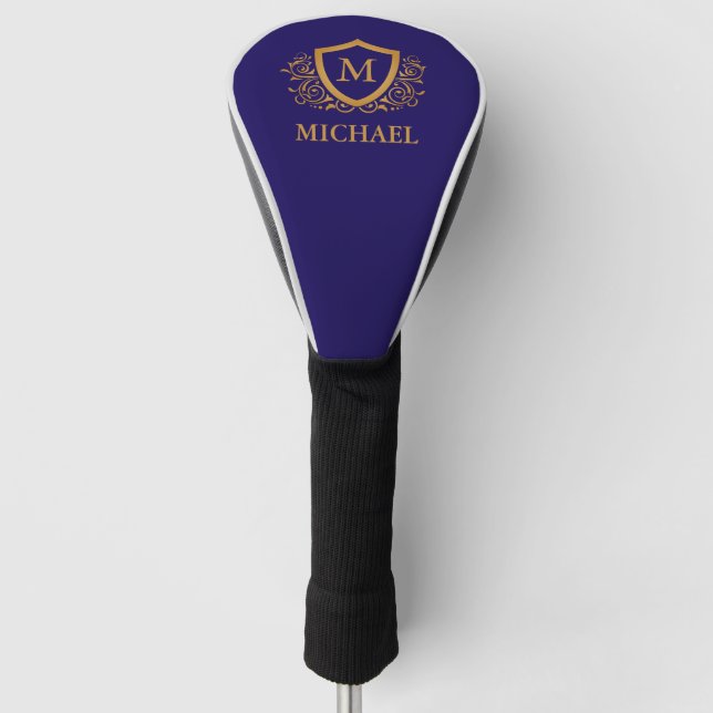 Navy Blue and Gold Personalized Monogram Name Golf Head Cover (Front)