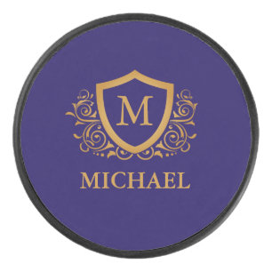 Navy Blue and Gold Personalized Monogram Name Hockey Puck