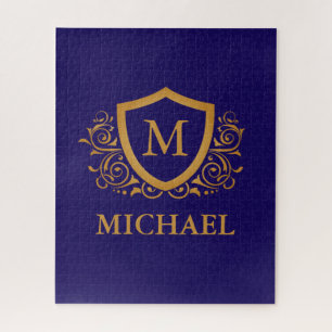 Navy Blue and Gold Personalized Monogram Name Jigsaw Puzzle