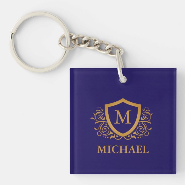 Navy Blue and Gold Personalized Monogram Name Keychain (Front)