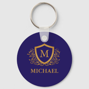 Navy Blue and Gold Personalized Monogram Name Keychain