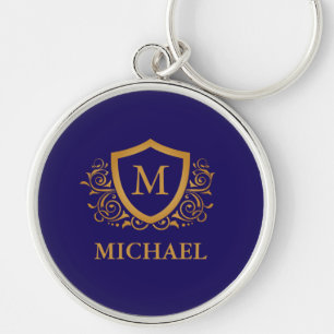 Navy Blue and Gold Personalized Monogram Name Keychain