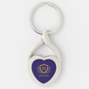 Navy Blue and Gold Personalized Monogram Name Keychain