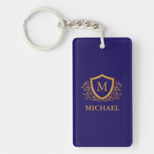 Navy Blue and Gold Personalized Monogram Name Keychain