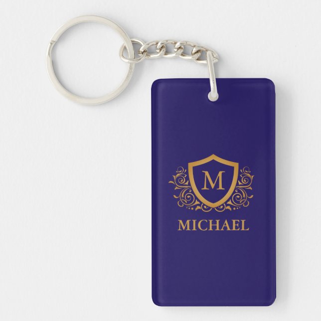 Navy Blue and Gold Personalized Monogram Name Keychain (Front)