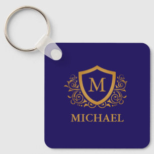Navy Blue and Gold Personalized Monogram Name Keychain