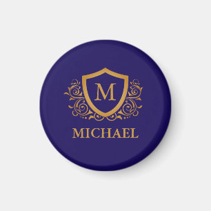 Navy Blue and Gold Personalized Monogram Name Magnet