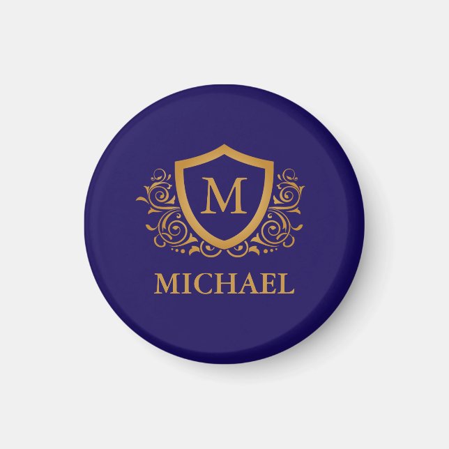 Navy Blue and Gold Personalized Monogram Name Magnet (Front)