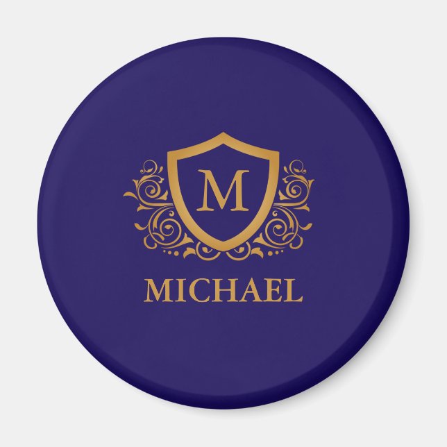 Navy Blue and Gold Personalized Monogram Name Magnet (Front)