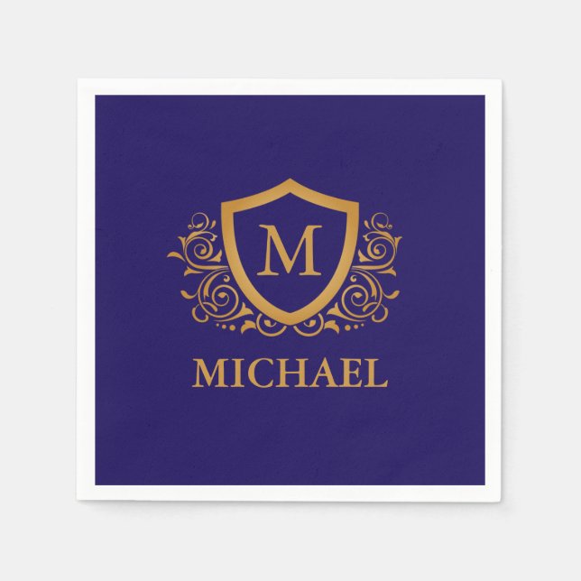Navy Blue and Gold Personalized Monogram Name Napkin (Front)