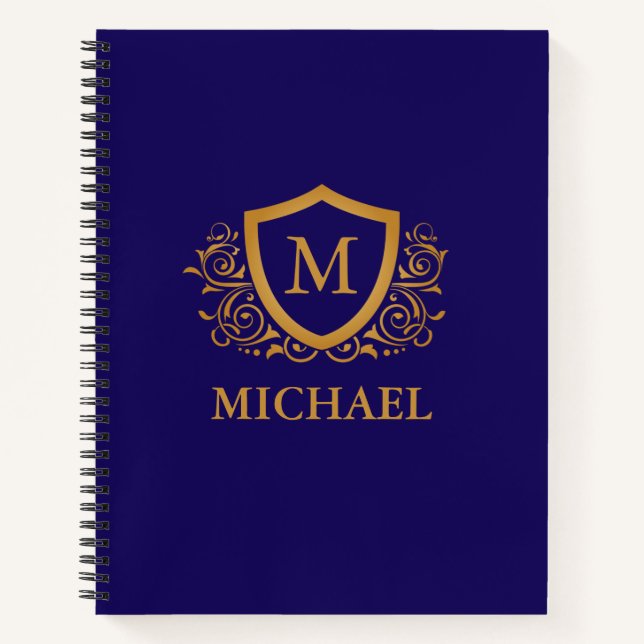 Navy Blue and Gold Personalized Monogram Name Notebook (Front)