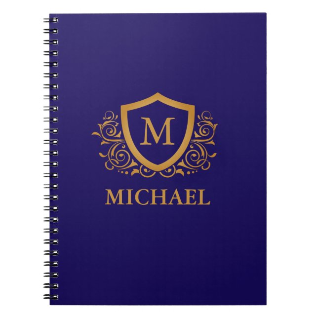 Navy Blue and Gold Personalized Monogram Name Notebook (Front)