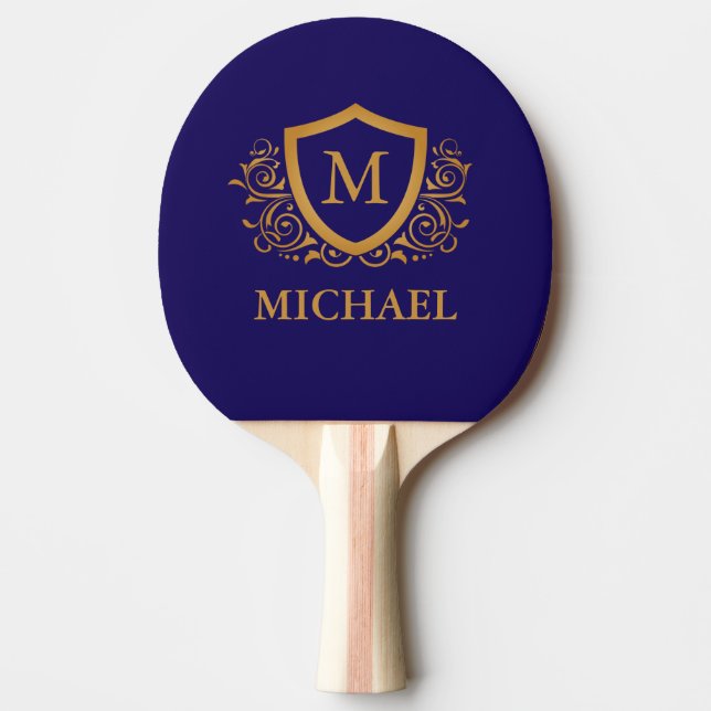 Navy Blue and Gold Personalized Monogram Name Ping Pong Paddle (Front)